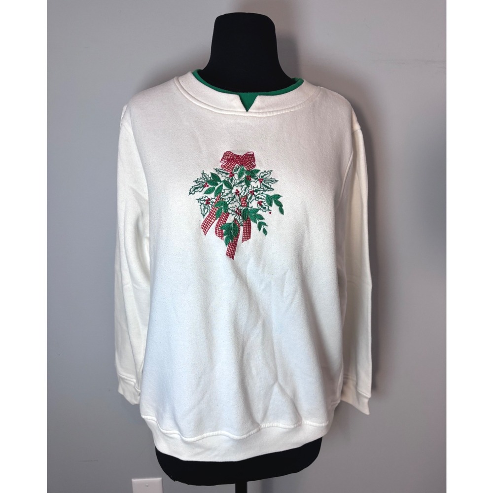 Malarkey Christmas Wreath Embroidered Crewneck Sweatshirt Women's Size L White‎